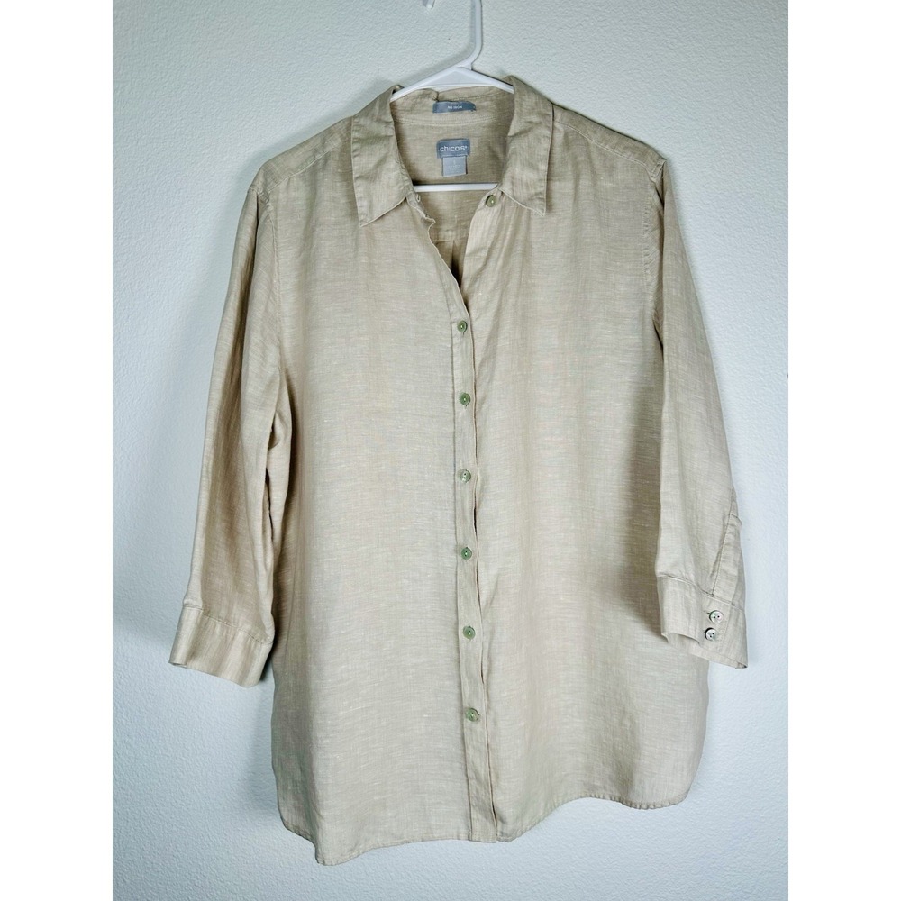 Chico's No Iron Linen Tunic Oatmeal women's size 3, XL Button front
